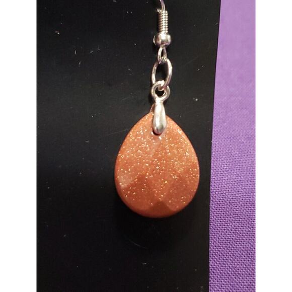 Goldstone Dangle Earrings Teardrop Shape Sparkly Reddish Brown Color Silver Tone - Picture 3 of 7